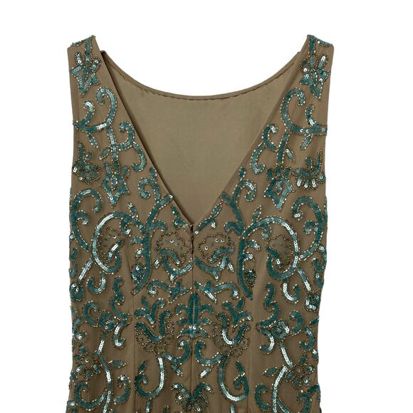 Aidan Matton Sheer Illusion Teal Sequin Gold Beaded Sleeveless Dress Womens Sz 2 - Picture 7 of 13